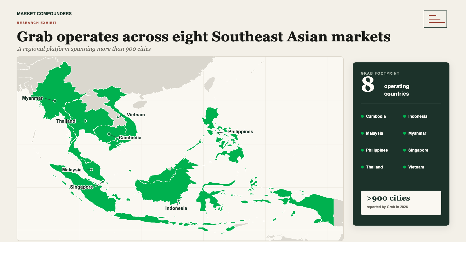 Map highlighting Grab's eight operating countries in Southeast Asia: Cambodia, Indonesia, Malaysia, Myanmar, the Philippines, Singapore, Thailand and Vietnam.